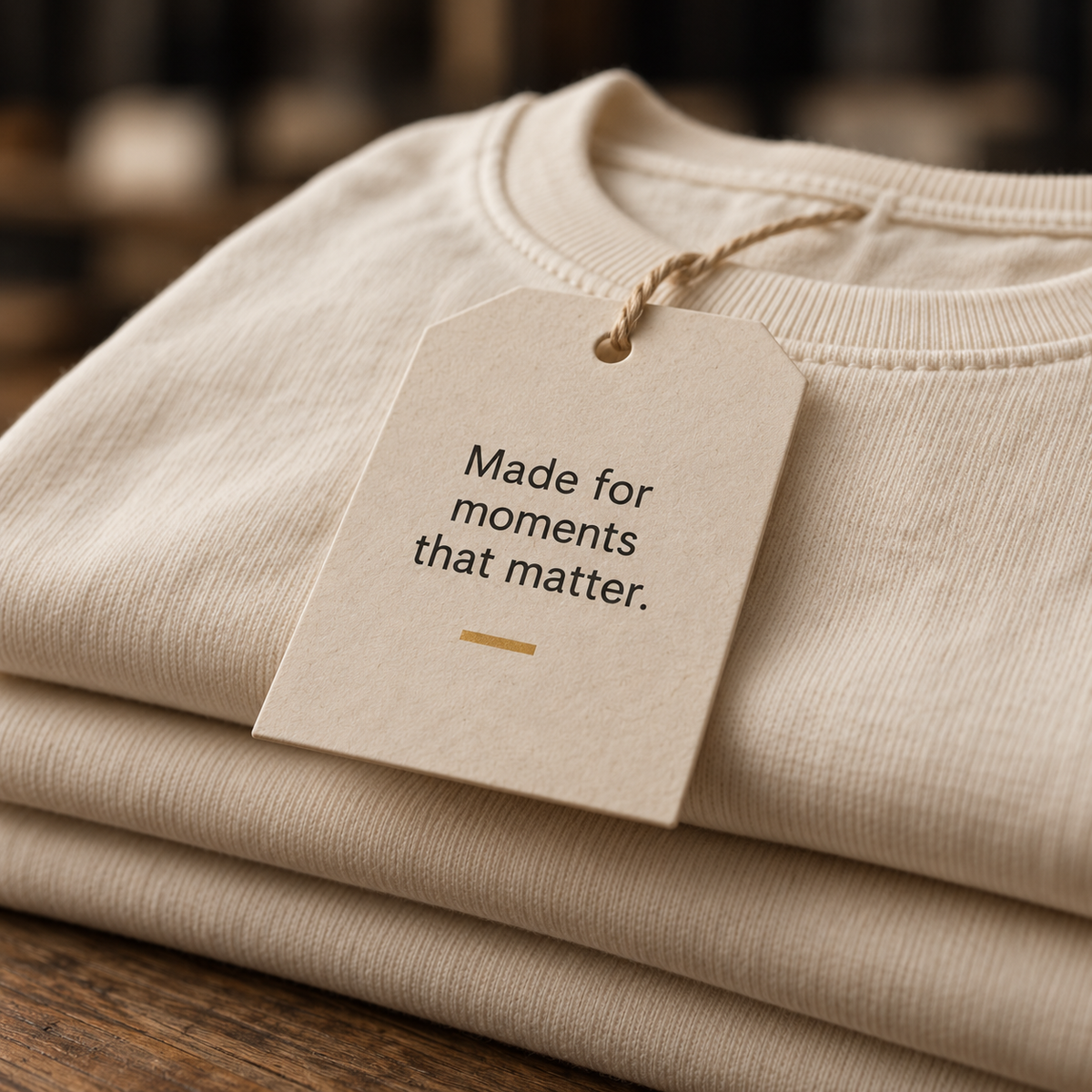 Concept illustration for the Merch Cartel About page: ivory apparel with a gift tag